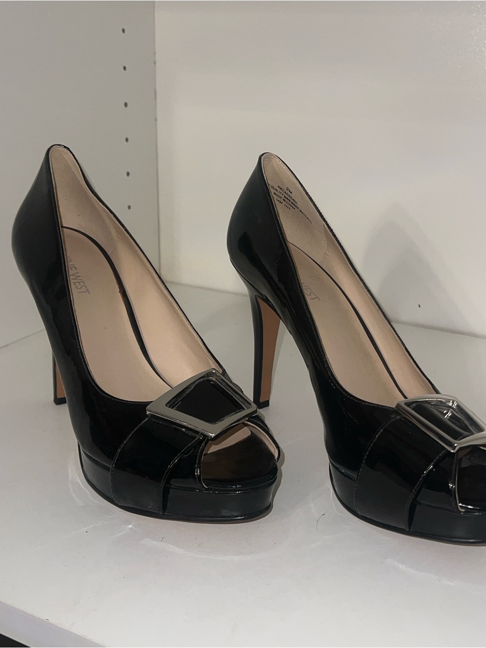 Nine West Black Patent Open-Toe Platform Heels with Buckle
